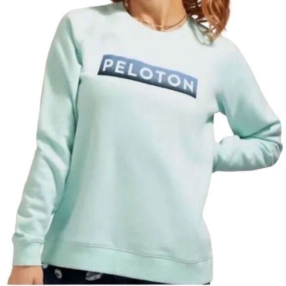 PELOTON L Mint Blue Green Classic Fleece Interior Crewneck Pullover Sweatshirt - Picture 2 of 15